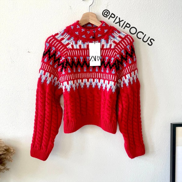 ZARA WOOL CABLE KNIT JACQUARD SWEATER RED - Picture 1 of 15